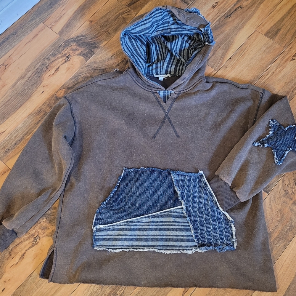 OLI & HALI Hoodie w/Denim Star Patchwork, EUC, S(Overszd), Cute+Comfy🤎🩶💙 - Picture 7 of 16